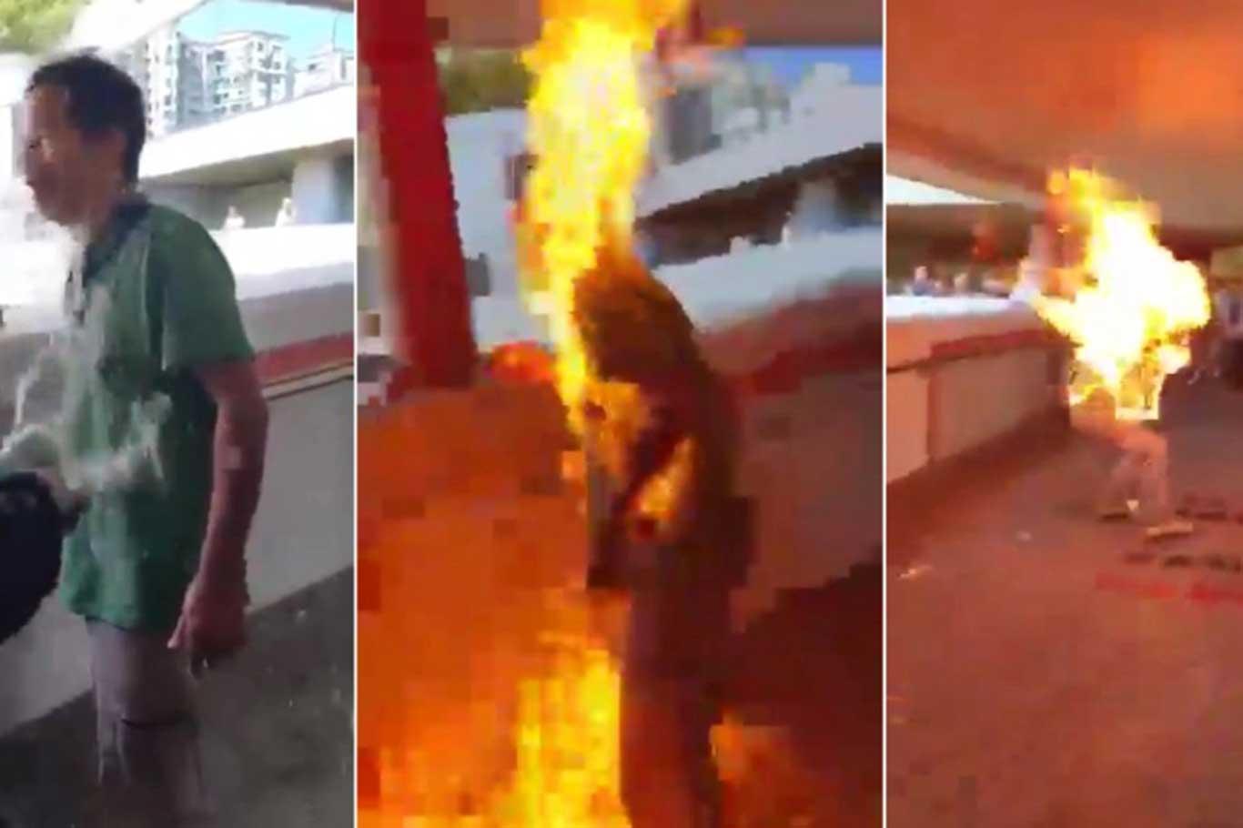 Çin yanlısı göstericiye benzin döküp yaktılar